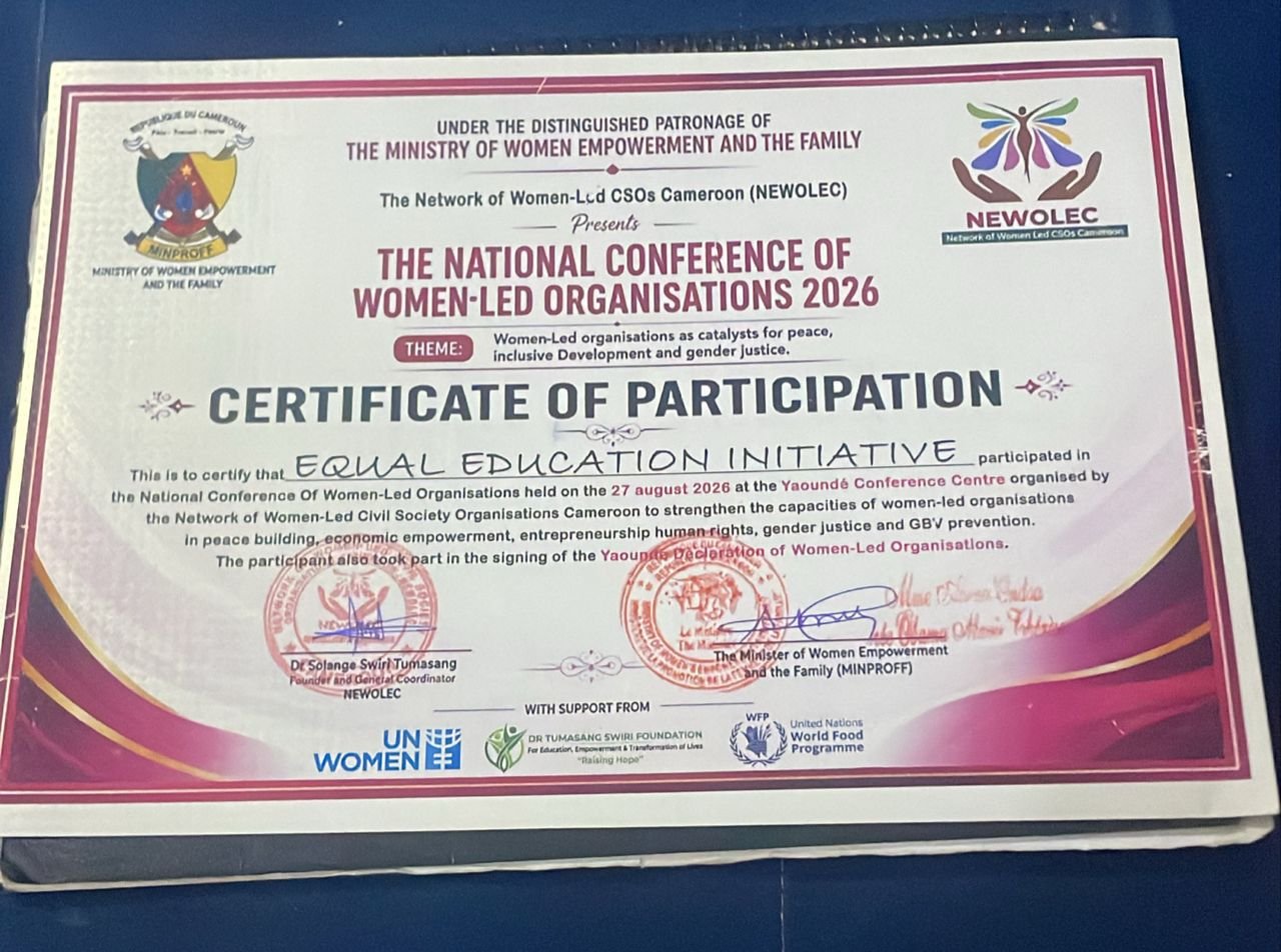 Certificate of participation presented to Equal Education Initiative in 2026